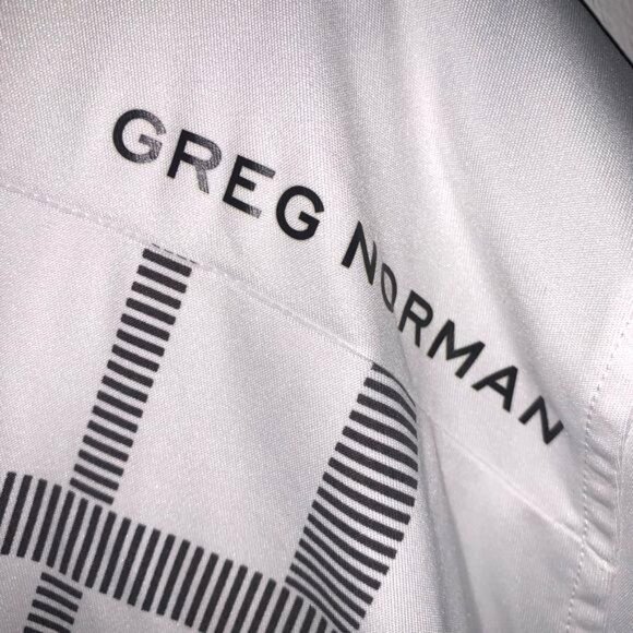 Greg Norman XXL White Play Dry Golf Polo Shirt With Striped Pattern & Shark Logo - Picture 7 of 13